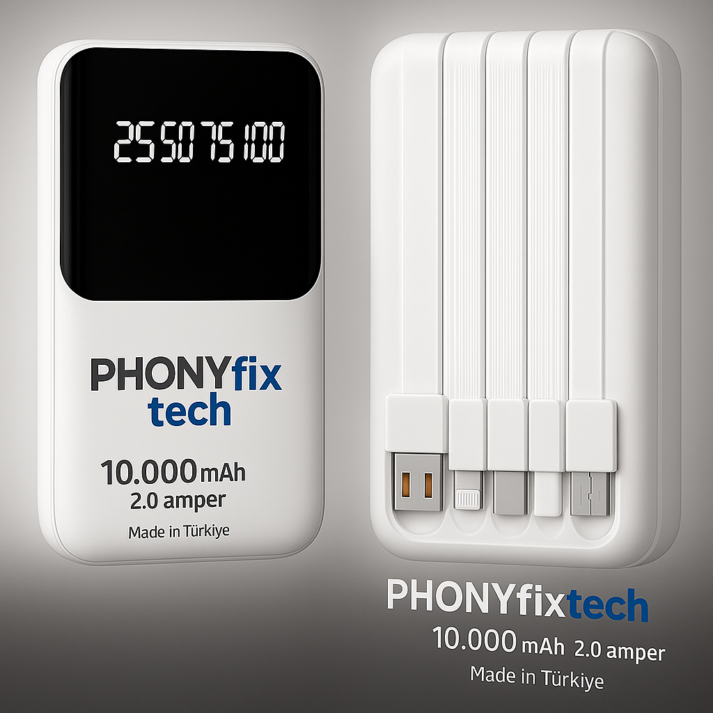 Phonyfix 10.000 mAh Powerbank (Entegre 4 Kablo, 17–18 W Hızlı Şarj, Dijital Gösterge) – Beyaz