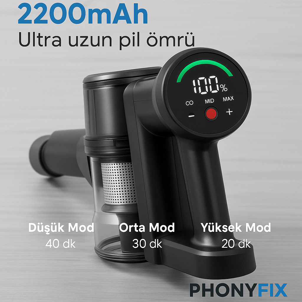 PhonyFix Kablosuz Dikey Süpürge – 2200mAh Uzun Pil Ömrü + Evcil Hayvan Aparatı Hediyeli