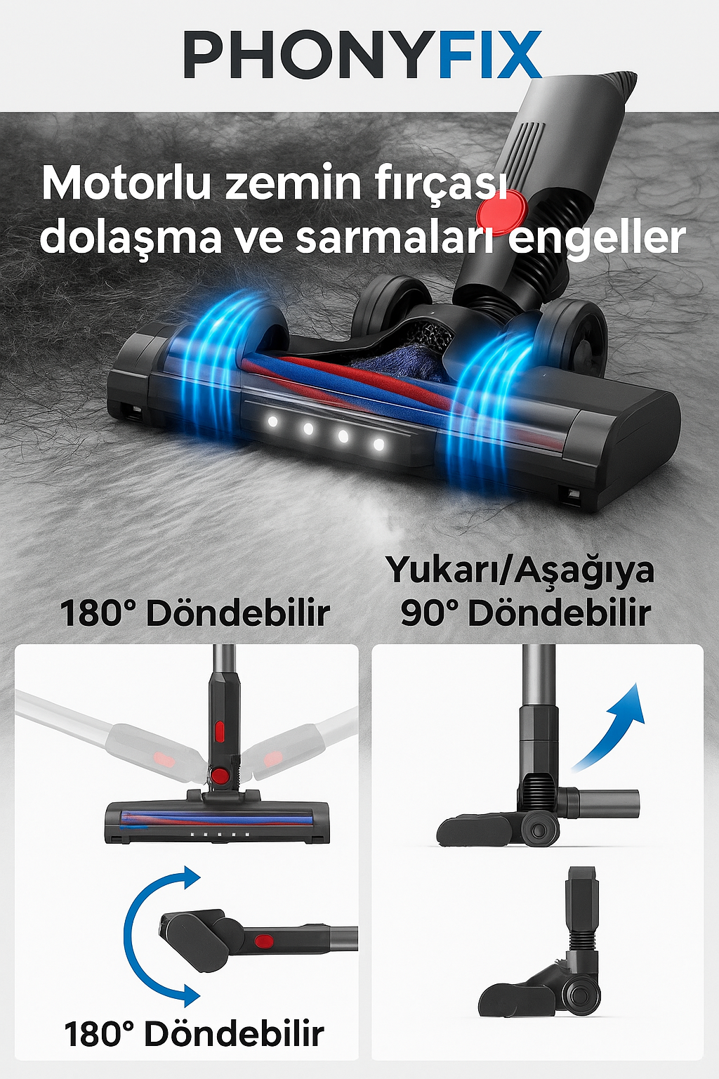 PhonyFix Kablosuz Dikey Süpürge – 2200mAh Uzun Pil Ömrü + Evcil Hayvan Aparatı Hediyeli