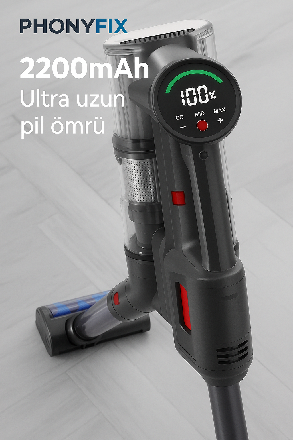 PhonyFix Kablosuz Dikey Süpürge – 2200mAh Uzun Pil Ömrü + Evcil Hayvan Aparatı Hediyeli