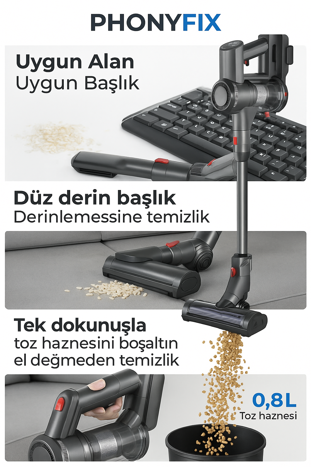 PhonyFix Kablosuz Dikey Süpürge – 2200mAh Uzun Pil Ömrü + Evcil Hayvan Aparatı Hediyeli