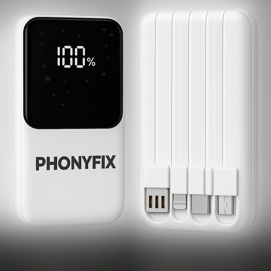 Phonyfix 10.000 mAh Powerbank (Entegre 4 Kablo, 17–18 W Hızlı Şarj, Dijital Gösterge) – Beyaz